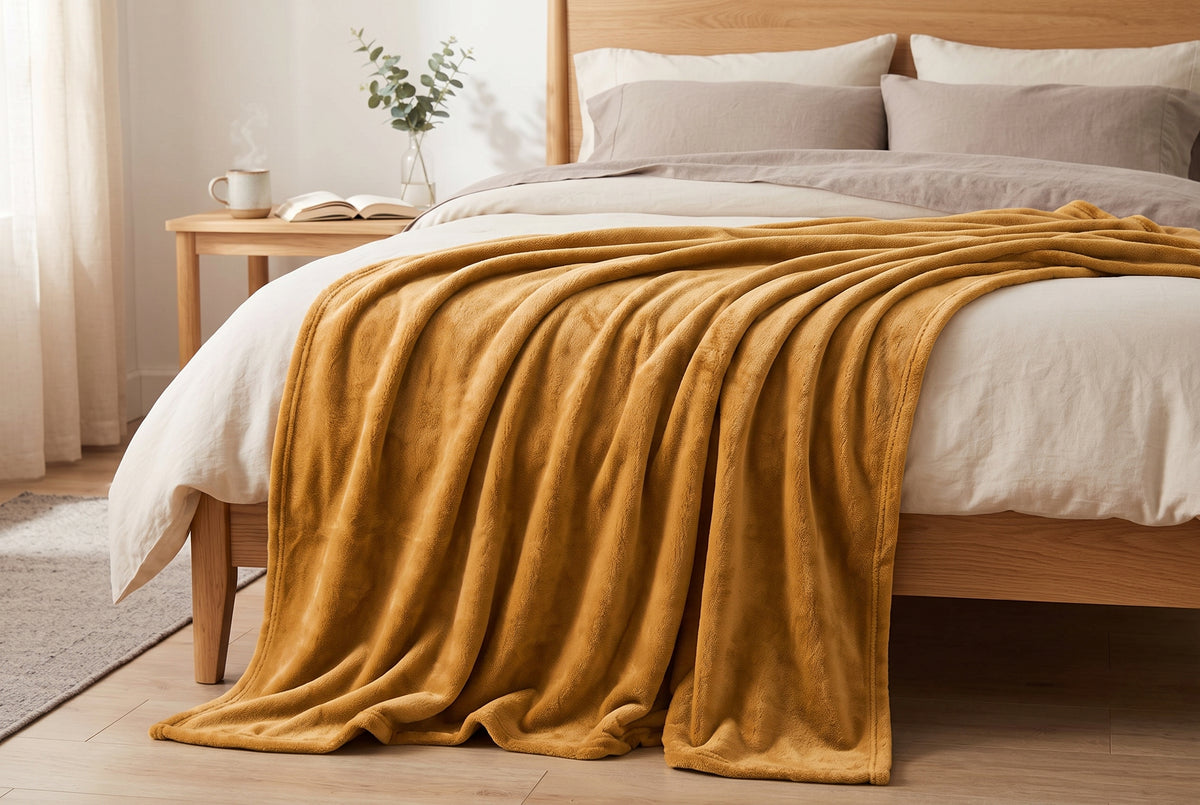 Flannel Blanket, 60 x 80 in, Super Soft, Latte, styled on a sofa or bed