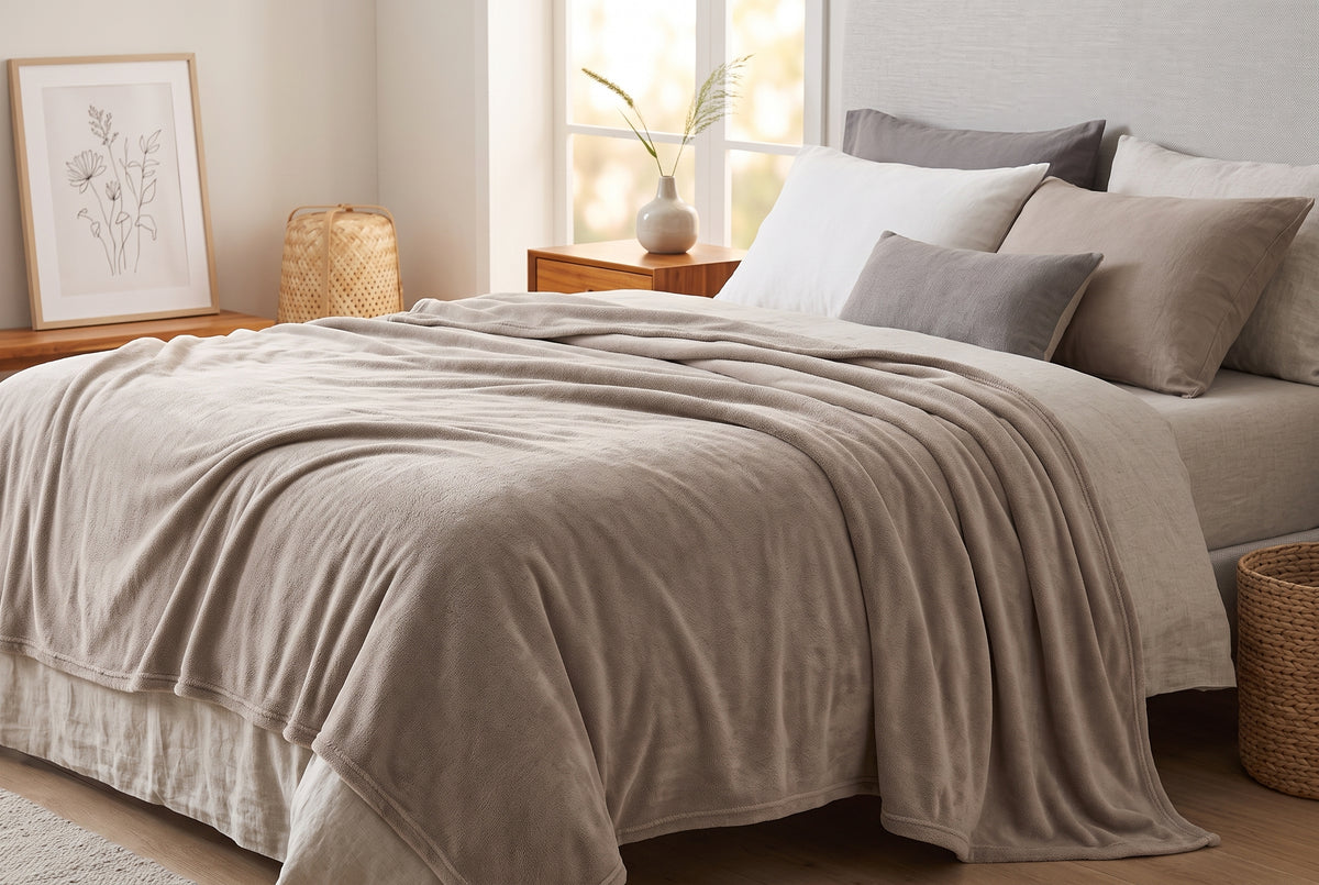 Flannel Blanket, 80 x 88 in, Super Soft, Taupe, styled on a sofa or bed