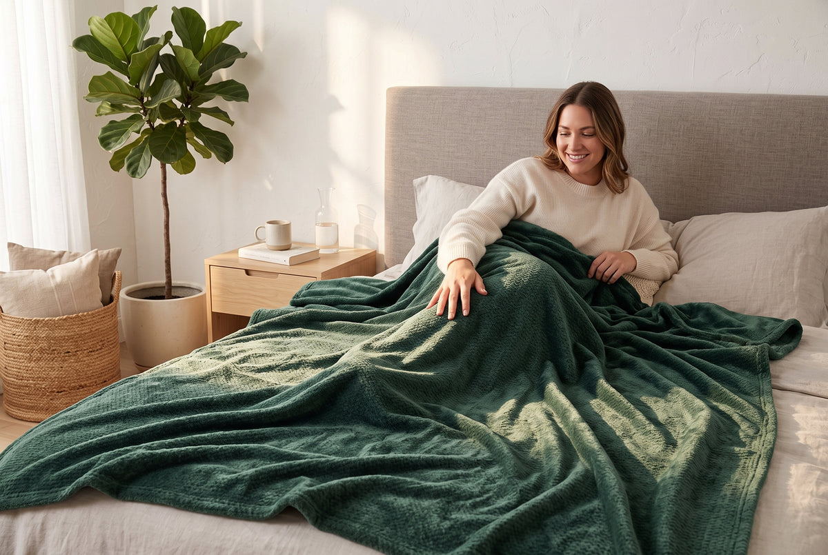 Couverture en flanelle très douce, vert laurier, dans un décor