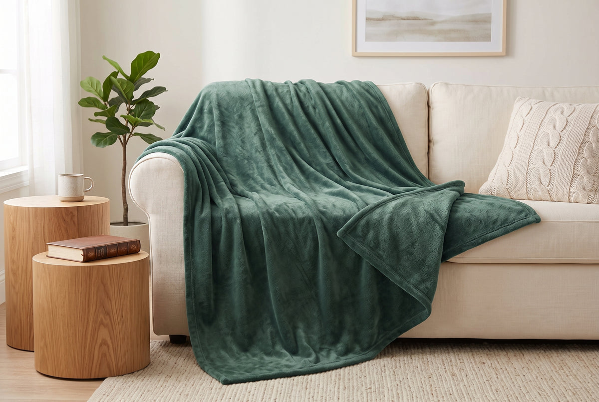 Couverture en flanelle très douce, vert laurier, dans un décor