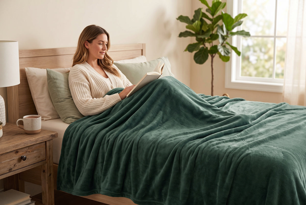 Couverture en flanelle très douce, vert laurier, dans un décor