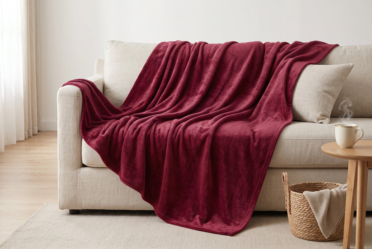 Couverture en flanelle très douce, 80 x 88 po, rouge merlot, mise en situation