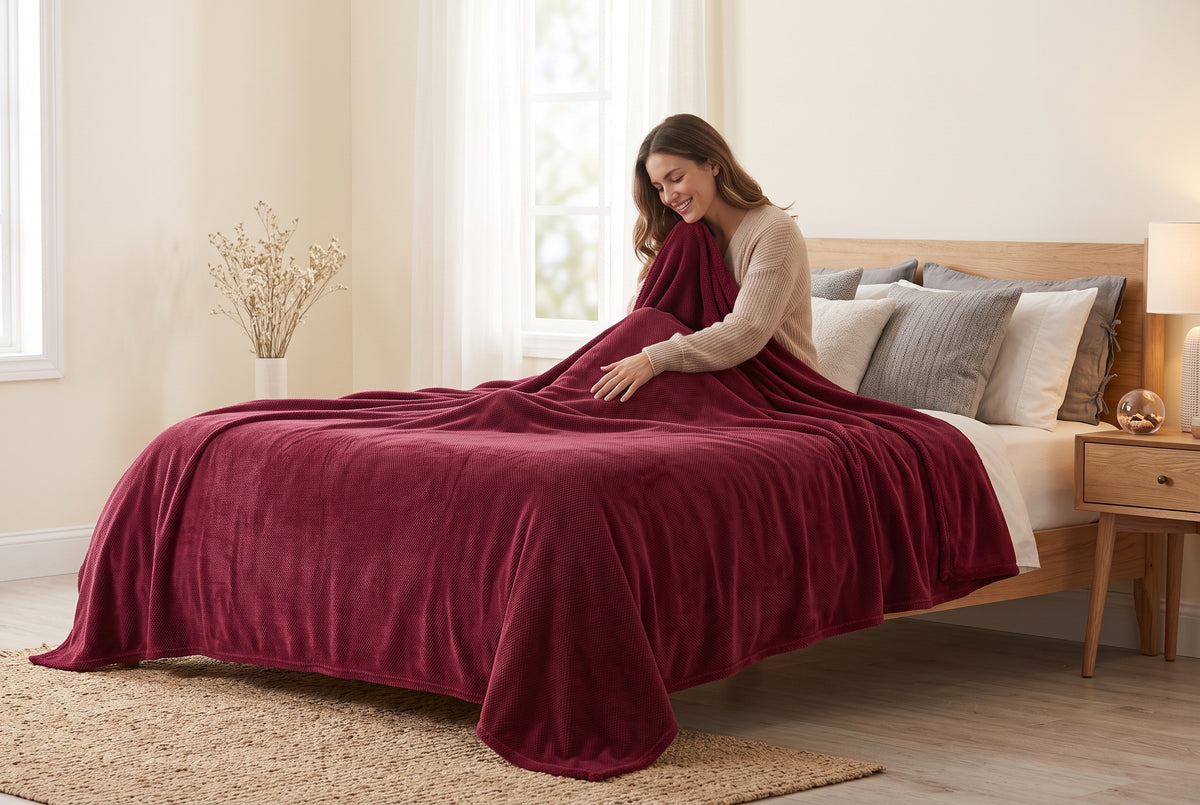 Couverture en flanelle très douce, rouge merlot, dans un décor