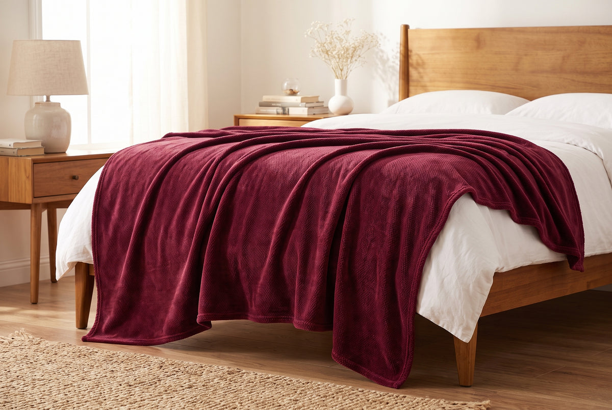 Couverture en flanelle très douce, rouge merlot, dans un décor