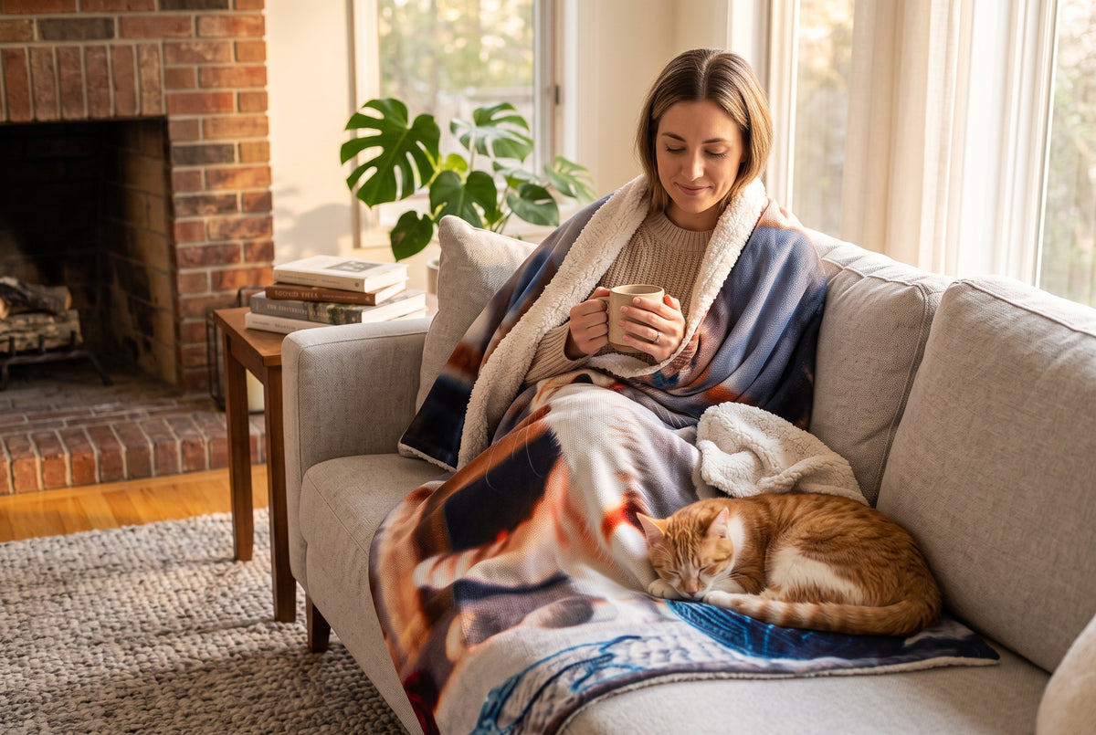 Couverture sherpa, chat et pelote de laine, dans un décor