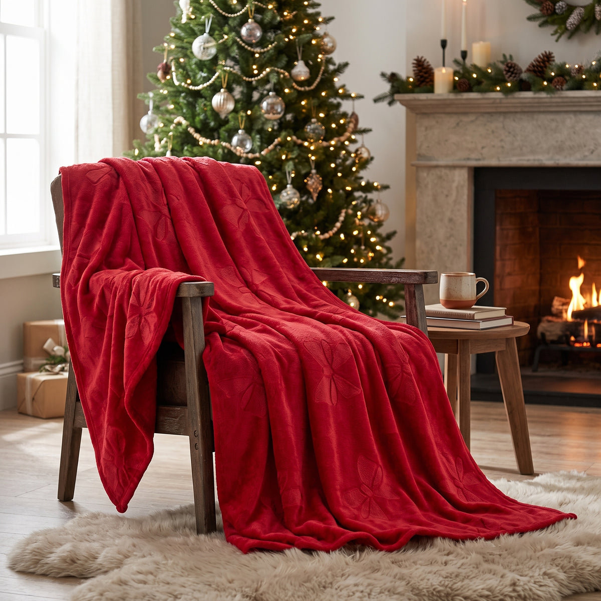 Red plush Christmas throw blanket with embossed bows