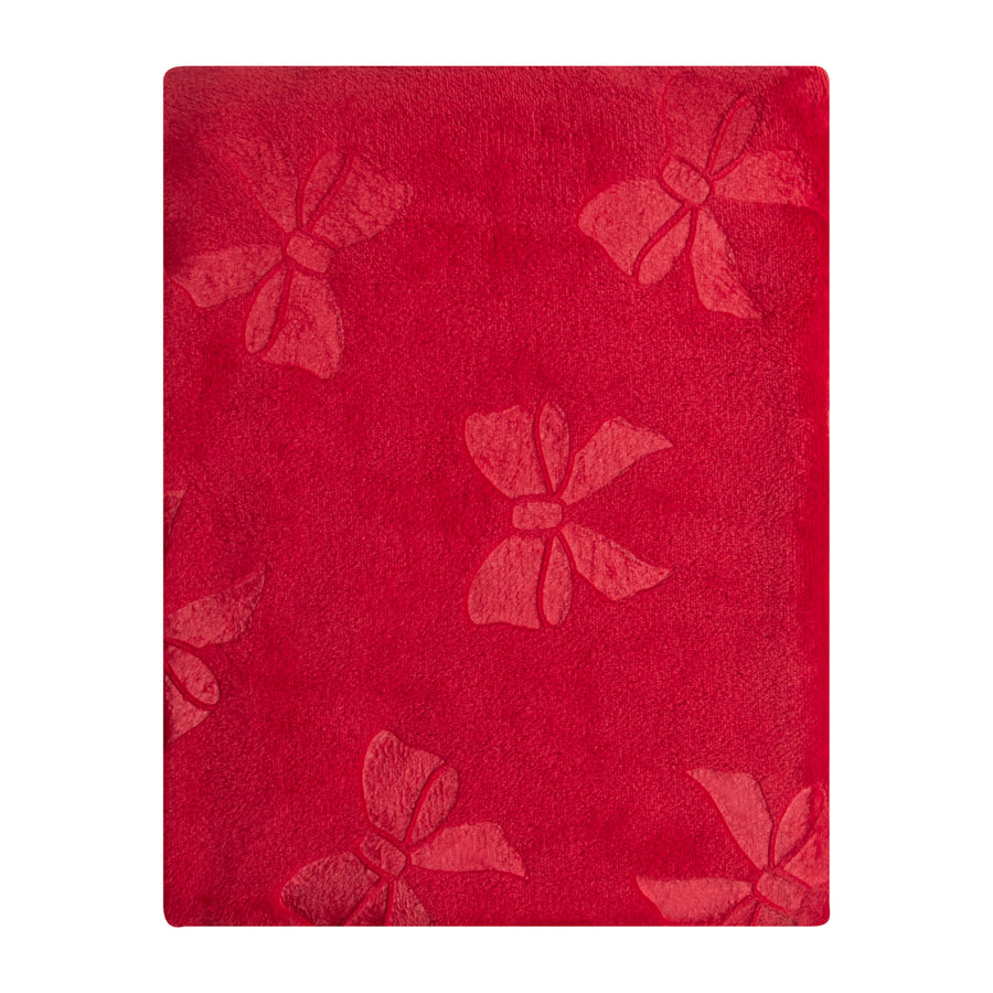 Red plush Christmas throw blanket with embossed bows