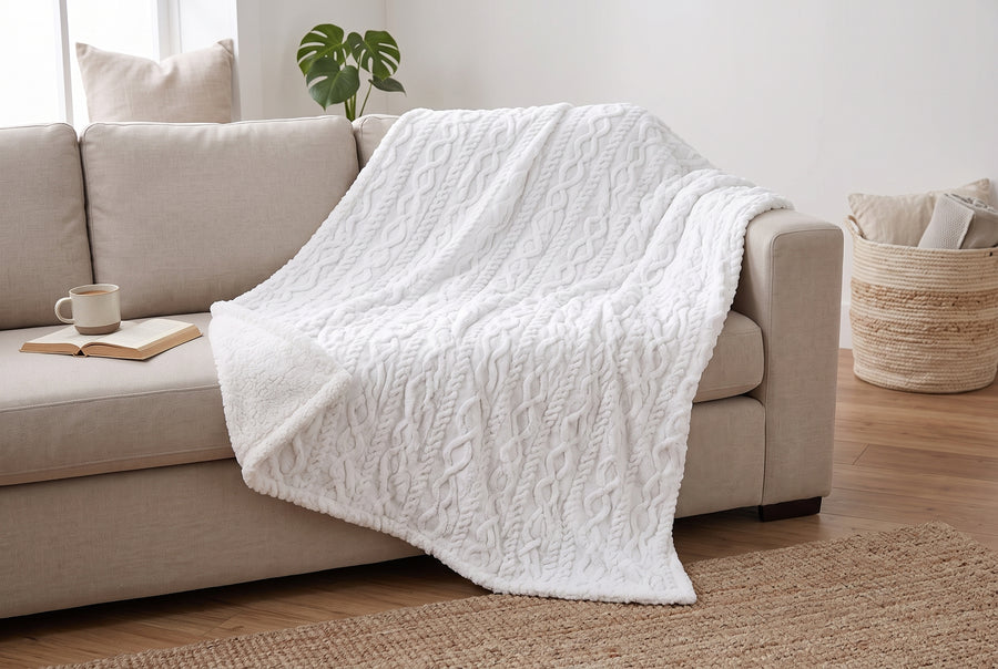 Cable Knit Sherpa Blanket, 60 x 80 in, Off White, styled on a sofa or bed