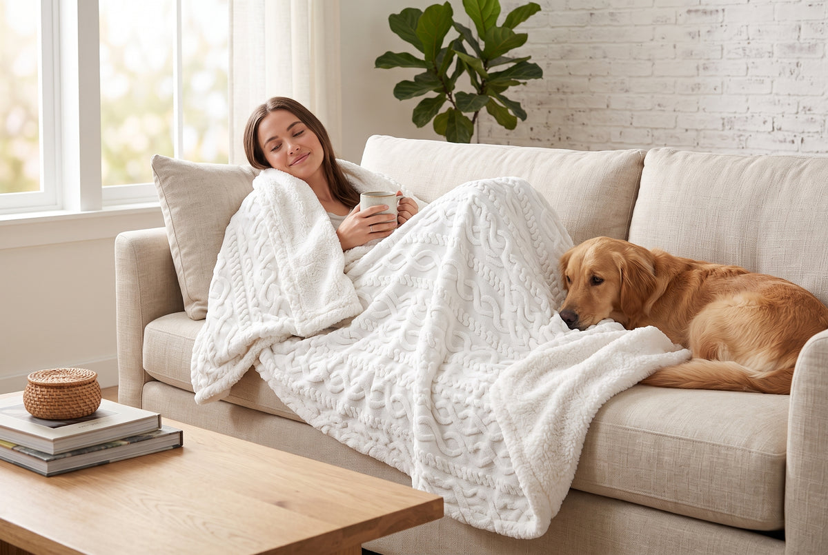 Cable Knit Sherpa Blanket in Off White, lifestyle