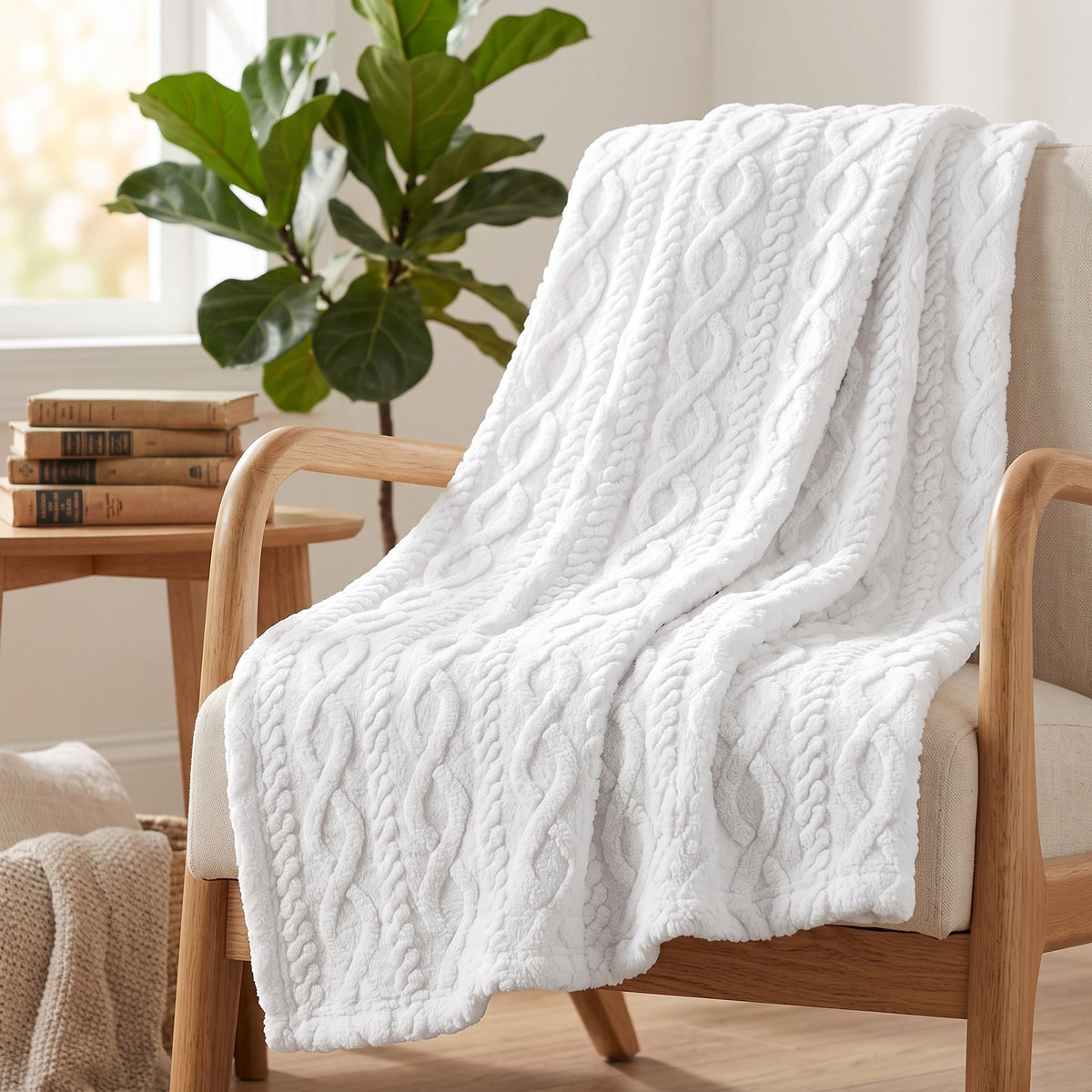 Cable Knit Sherpa Blanket in Off White, lifestyle