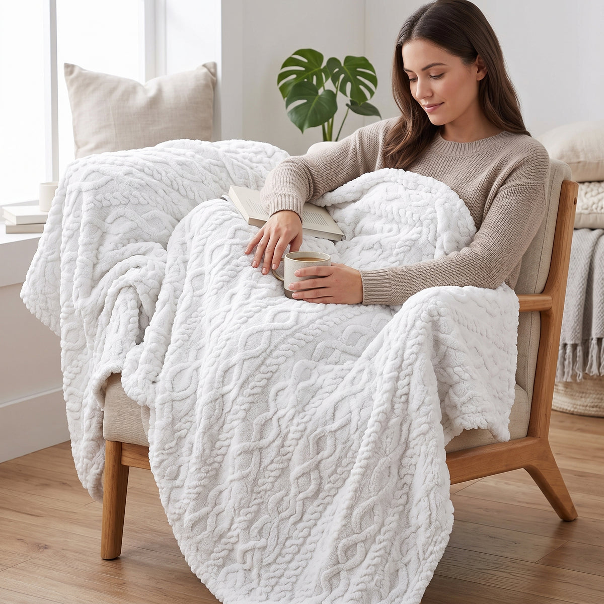 Cable Knit Sherpa Blanket in Off White, lifestyle