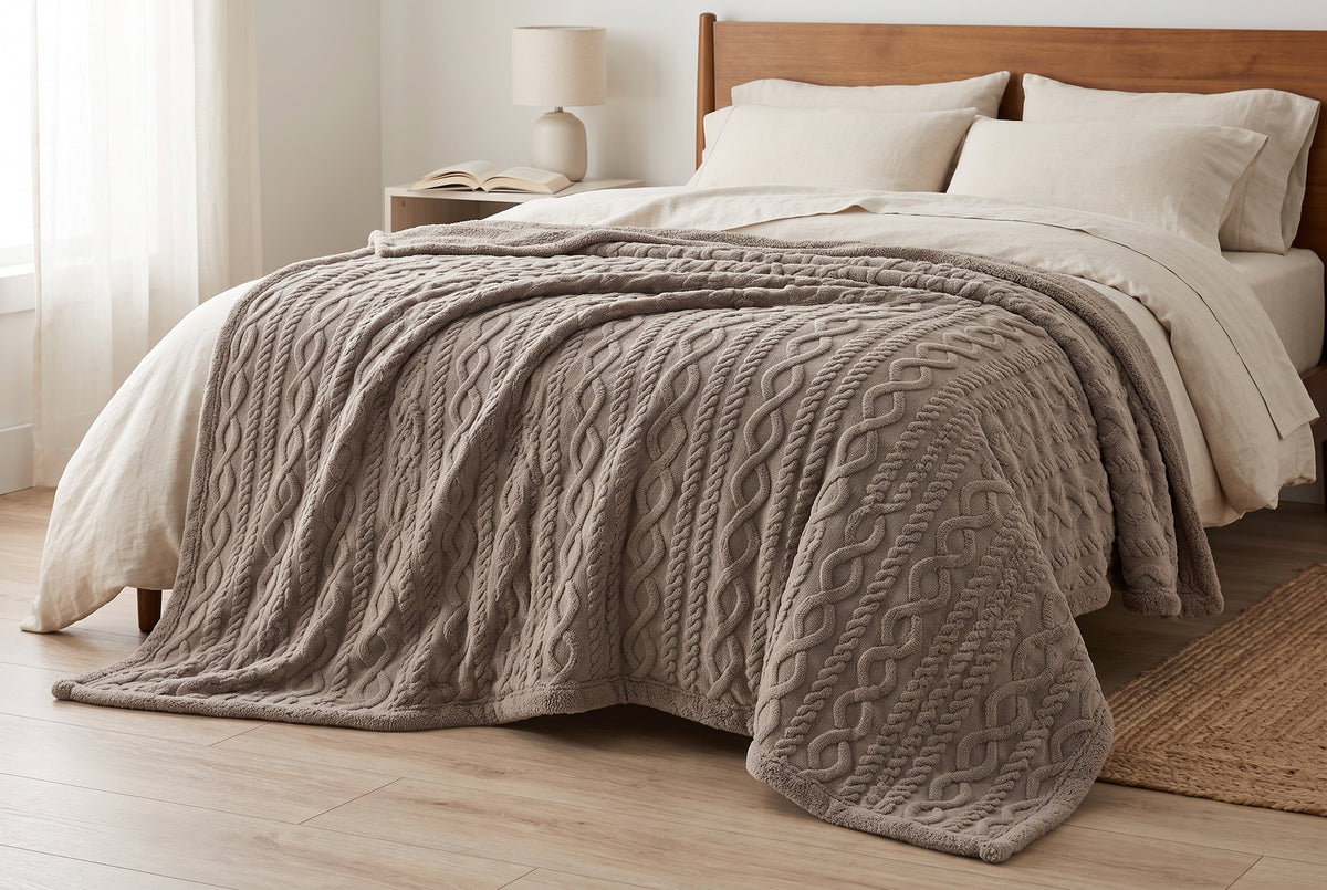 Cable Knit Sherpa Blanket, 80 x 88 in, Taupe, styled on a sofa or bed