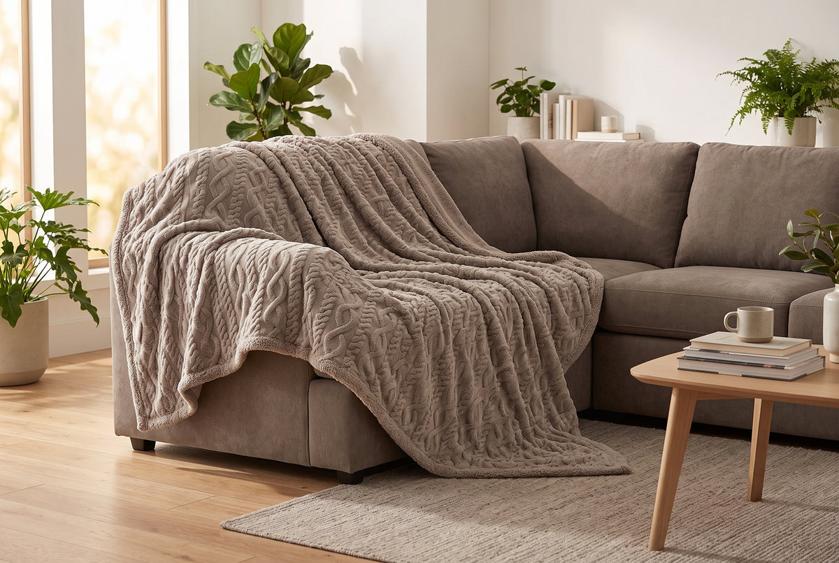Cable Knit Sherpa Blanket in Taupe, lifestyle