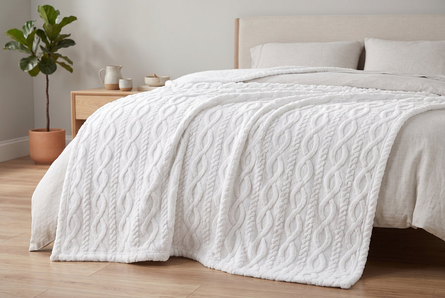 Cable Knit Sherpa Blanket, 80 x 88 in, Off White, styled on a sofa or bed