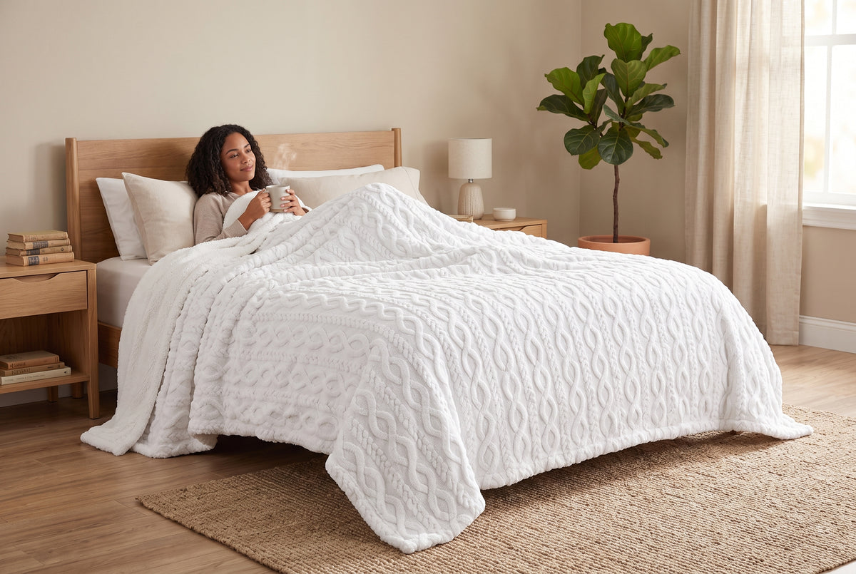 Couverture en tricot torsadé et sherpa, blanc cassé, dans un décor