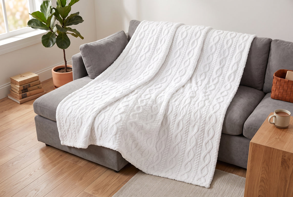 Couverture en tricot torsadé et sherpa, blanc cassé, dans un décor