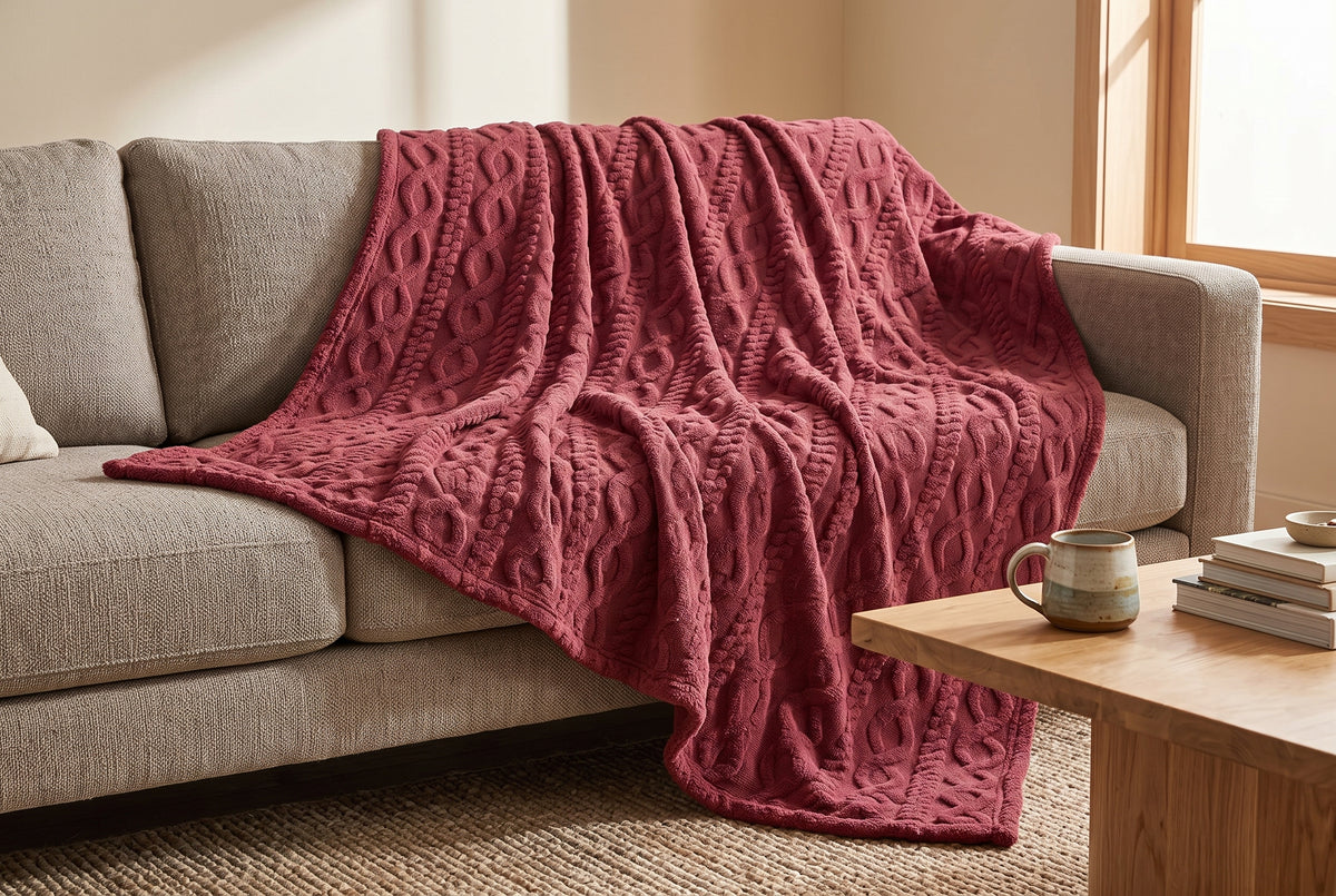 Couverture en tricot torsadé et sherpa, 80 x 88 po, rouge merlot, mise en situation