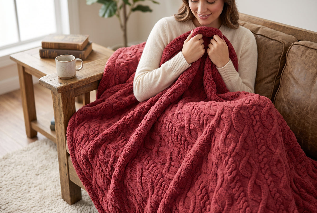 Couverture en tricot torsadé et sherpa, rouge merlot, dans un décor