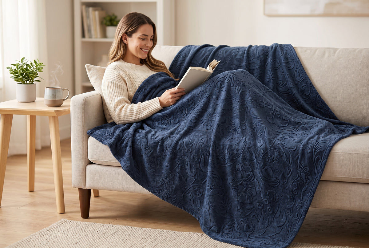 Embossed Flannel Throw Blanket in Indigo, lifestyle