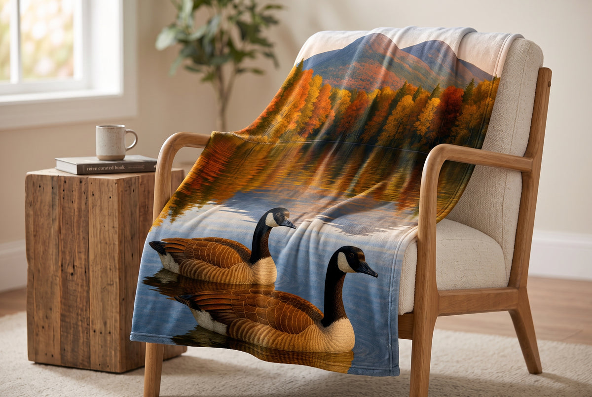 Couverture minky, bernaches du Canada, dans un décor