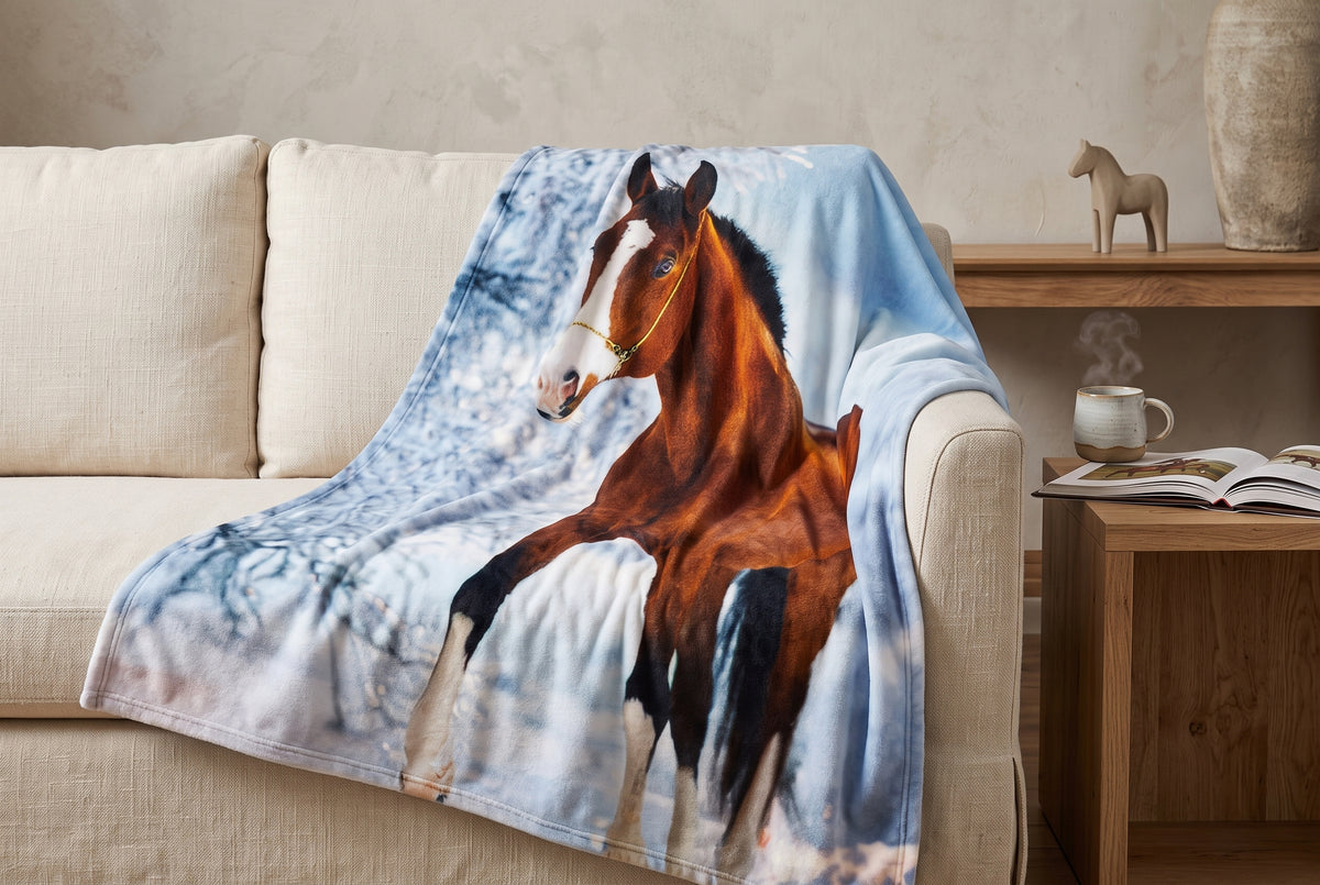 Faux Mink Throw Blanket, 48 x 60 in, Horse Print, styled on a sofa or bed