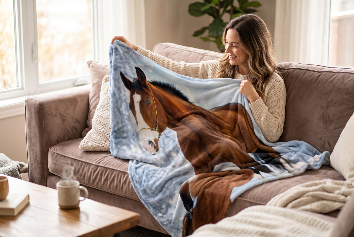 Faux Mink Throw Blanket in Horse, lifestyle