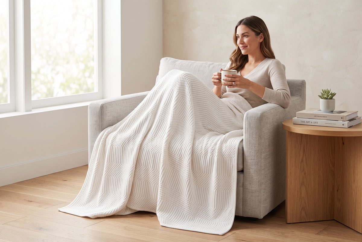 Couverture jacquard, blanc cassé, dans un décor