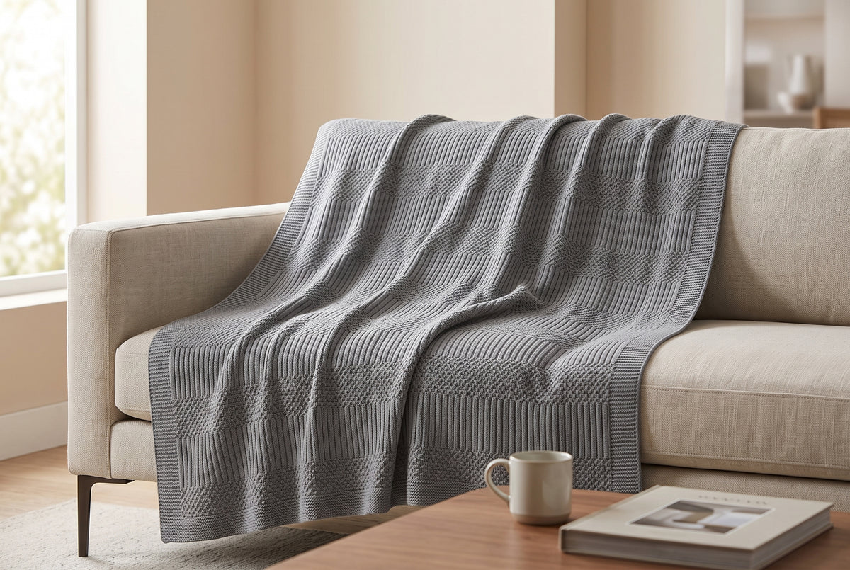 Jacquard Throw Blanket in Grey, lifestyle