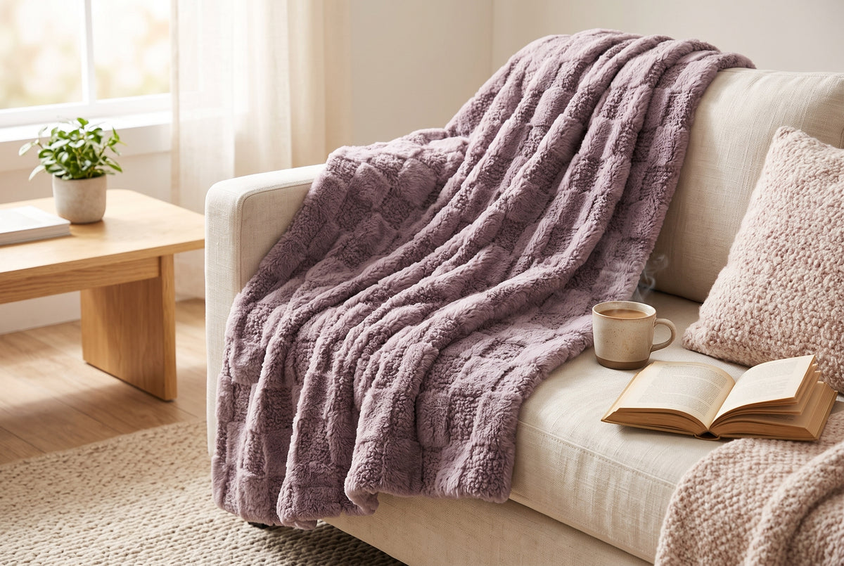 Couverture en fausse fourrure, 48 x 60 po, effet teddy, envers sherpa, mauve, mise en situation