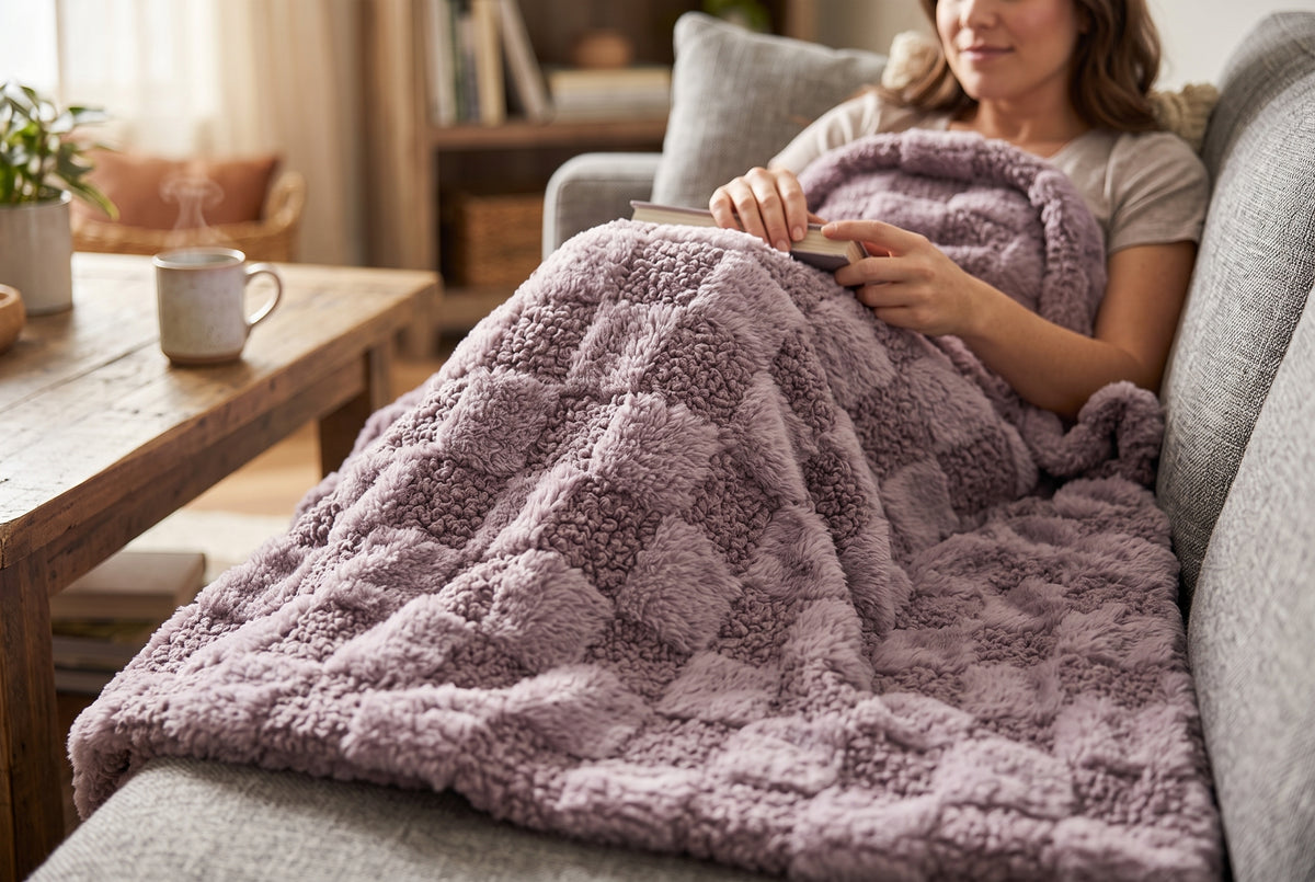 Couverture en fausse fourrure, mauve, dans un décor