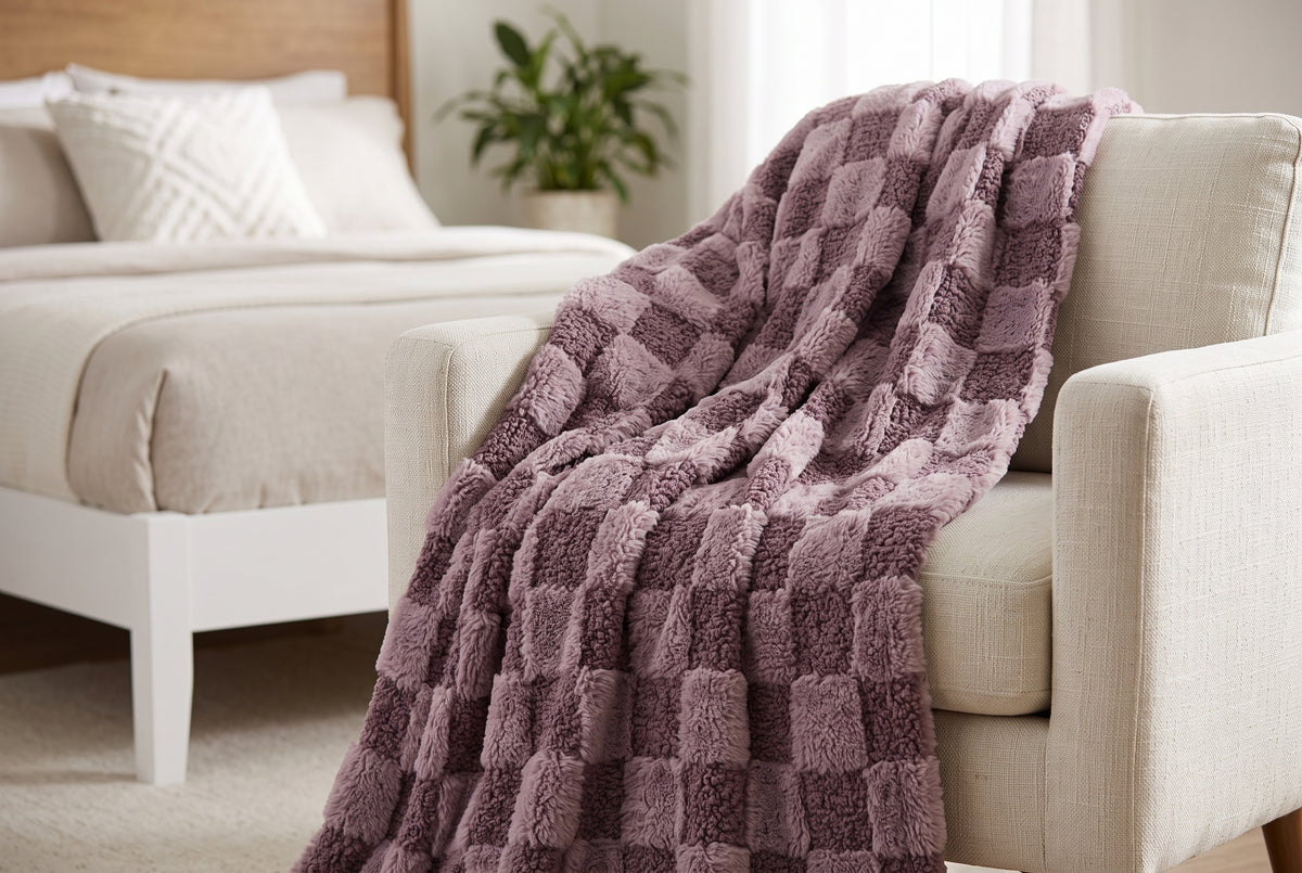 Couverture en fausse fourrure, mauve, dans un décor