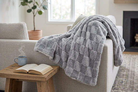 Couverture en fausse fourrure, 48 x 60 po, effet teddy, envers sherpa, grise, mise en situation