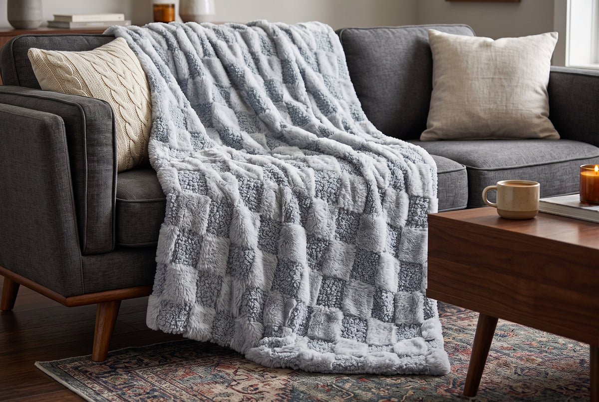 Couverture en fausse fourrure, grise, dans un décor