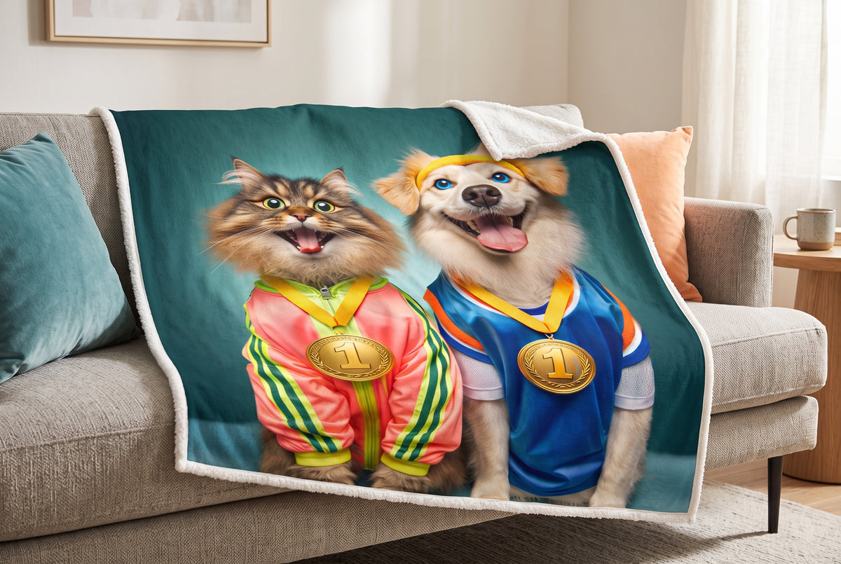 Couverture sherpa, 48 x 60 po, imprimé chat et chien champions, mise en situation