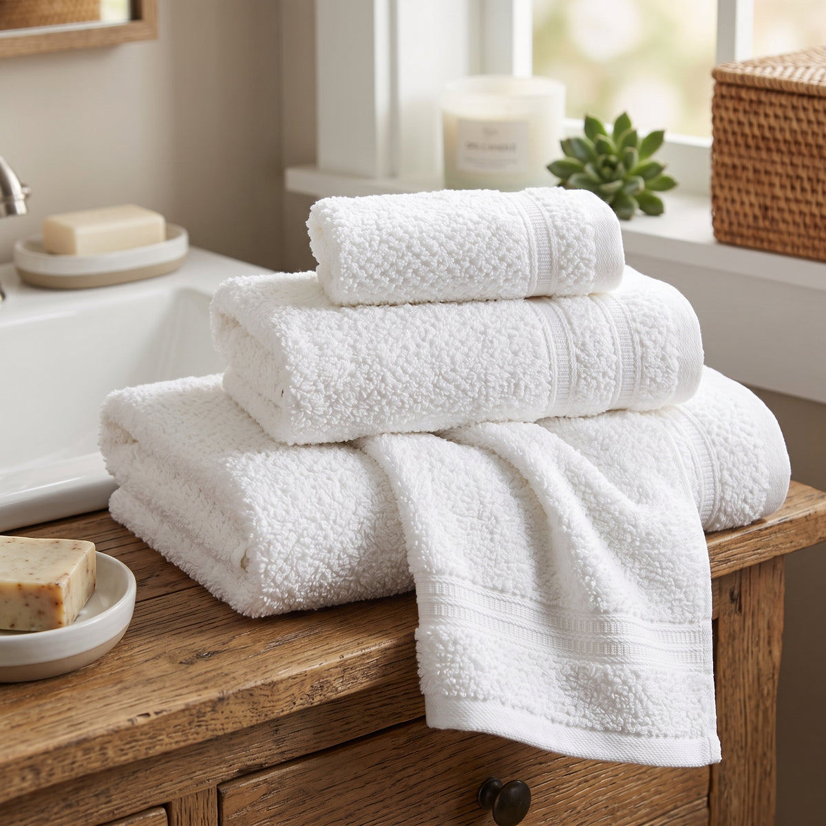 White textured cotton bath towels in a bathroom setting