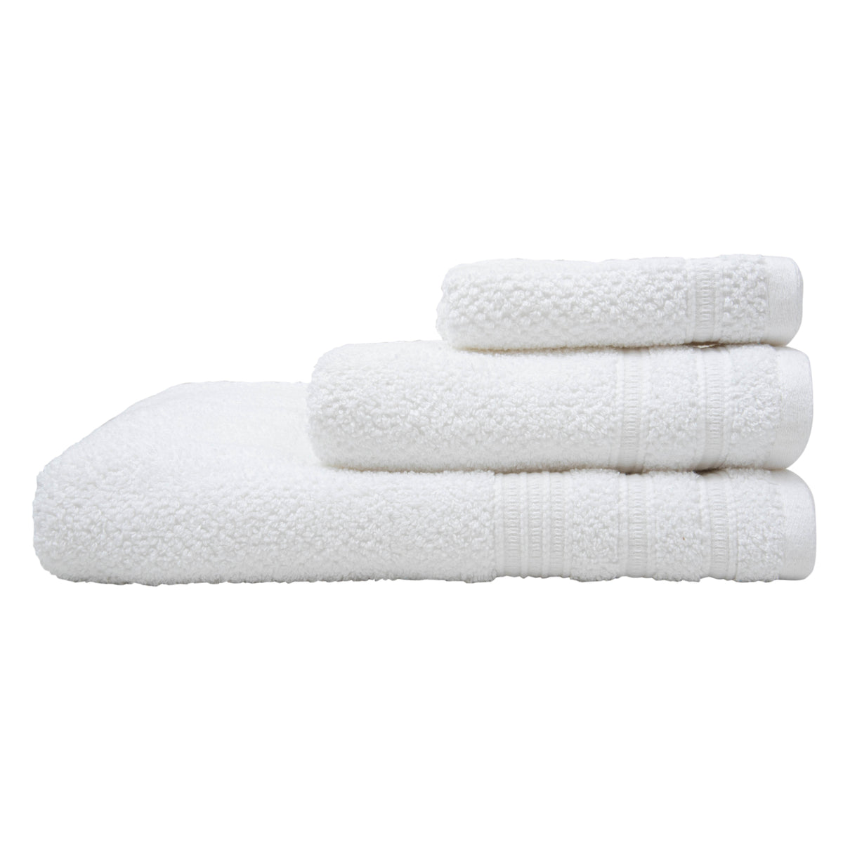 White 3-piece textured cotton bath towel set: bath towel, hand towel and washcloth