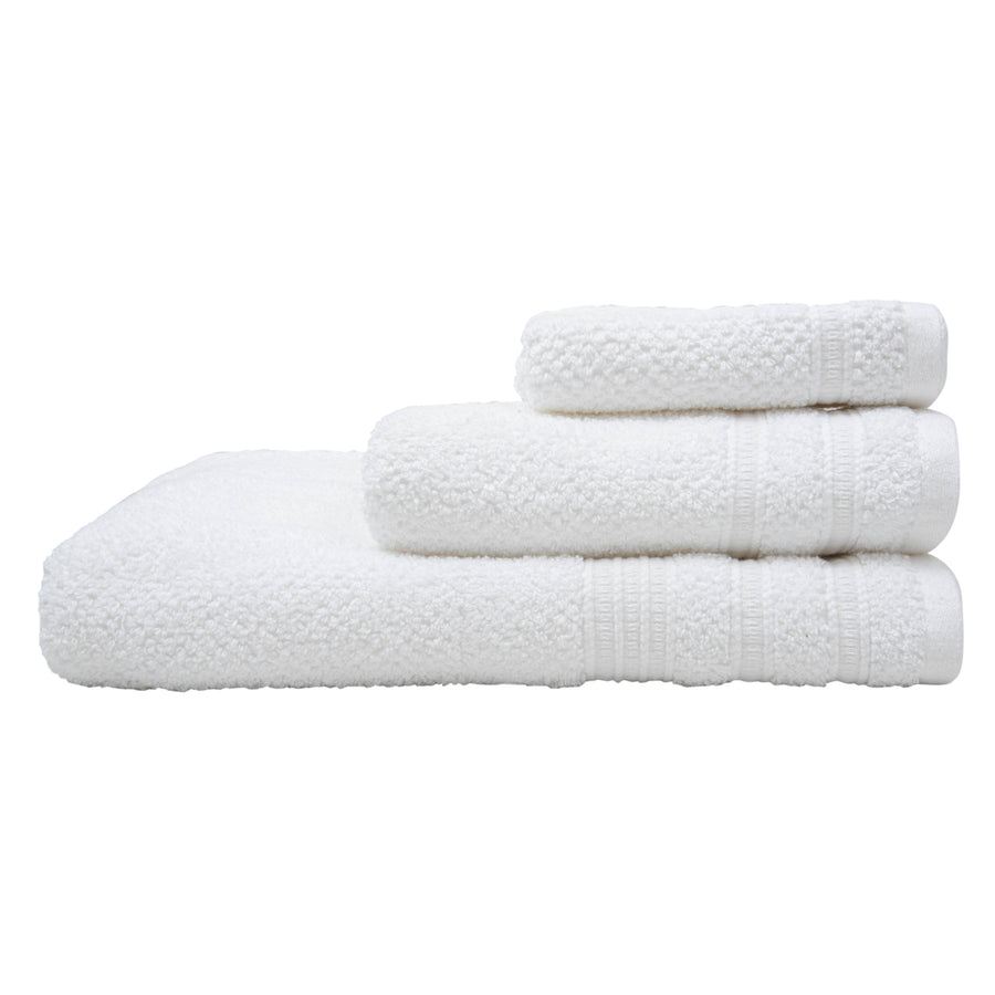 White 3-piece textured cotton bath towel set: bath towel, hand towel and washcloth
