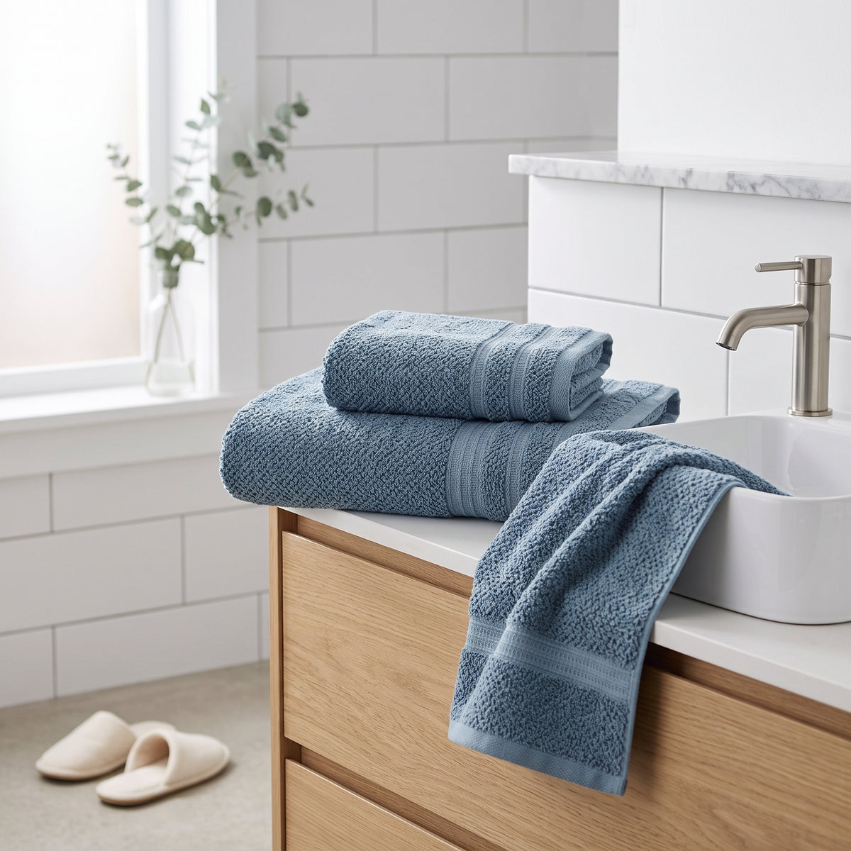 Denim textured cotton bath towels in a bathroom setting