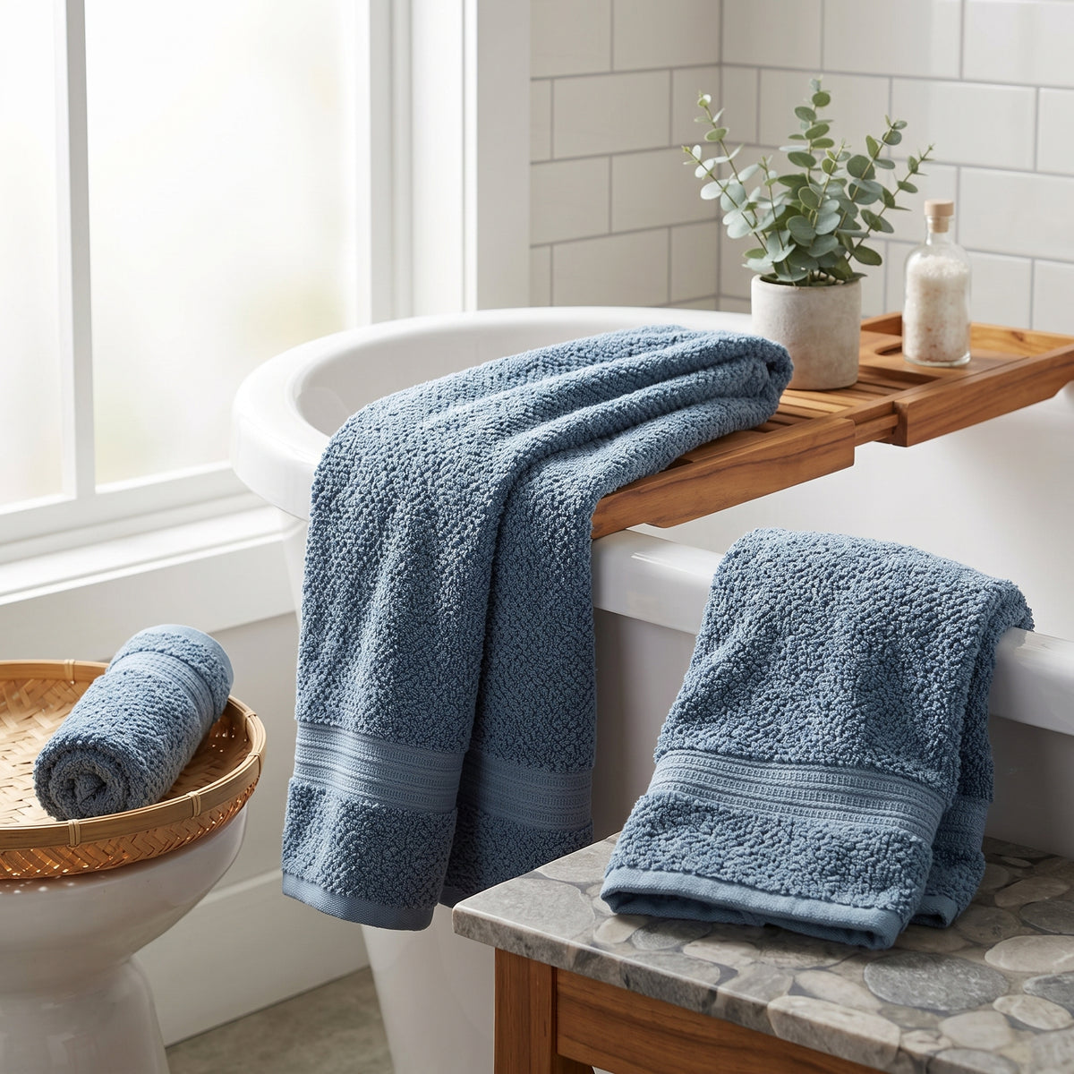 Denim textured cotton towels with woven border, in a bathroom setting