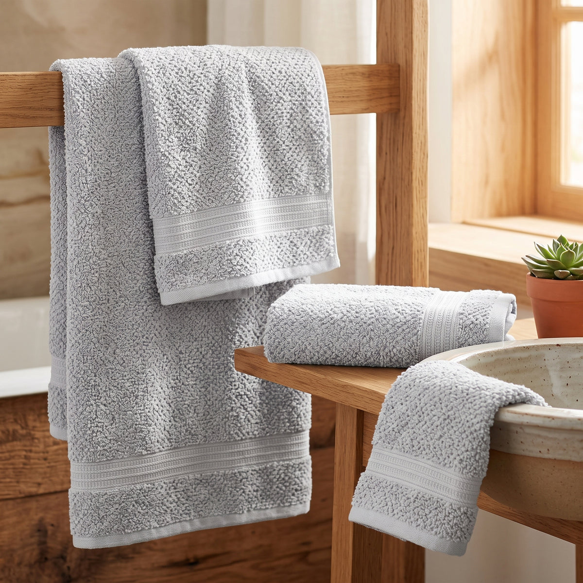 Light Grey textured cotton towels with woven border, in a bathroom setting