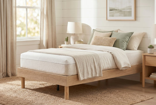 Twin platform bed frame in natural oak-look finish, low profile with round legs