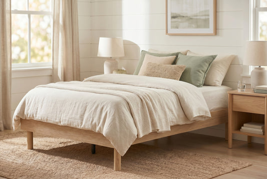 Queen platform bed frame in natural oak-look finish, low profile with round legs