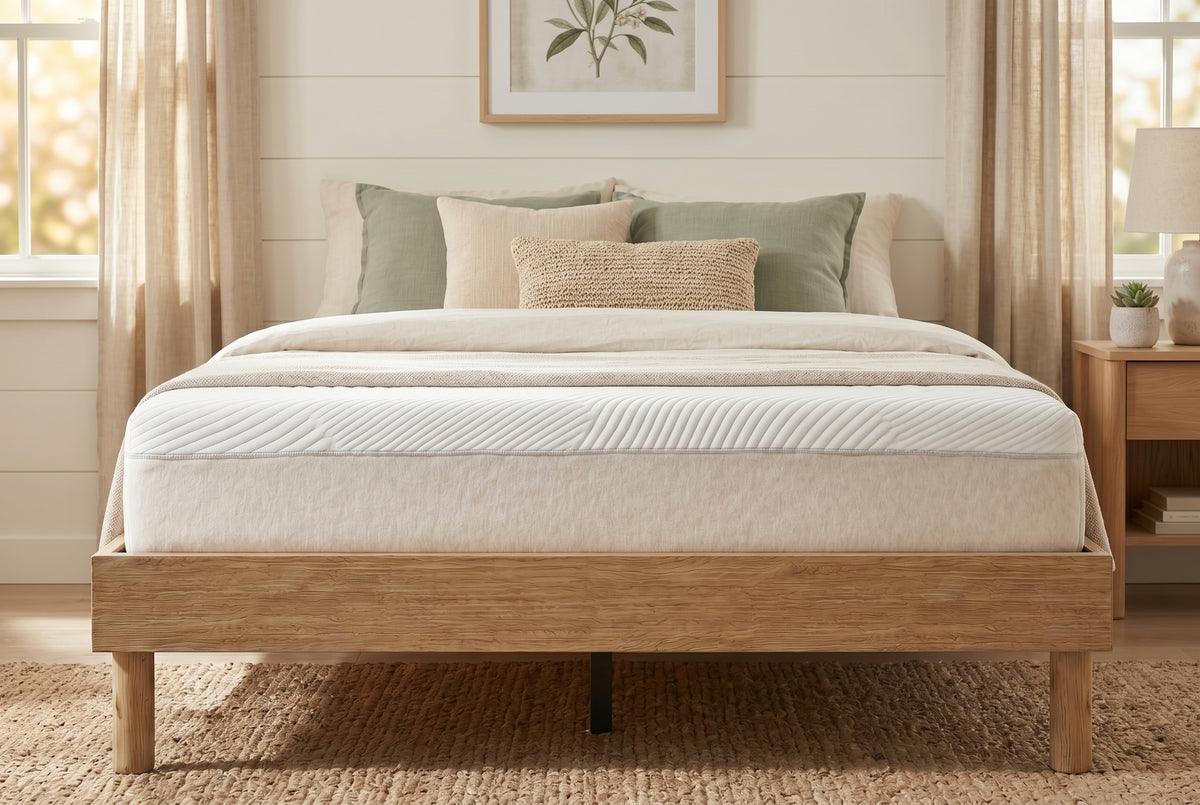 Queen platform bed frame in natural oak-look finish, bedroom styling view 2