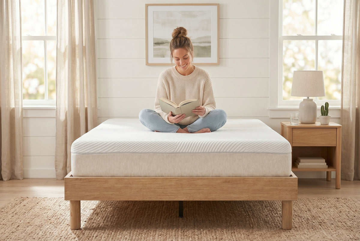 Queen platform bed frame in natural oak-look finish, bedroom styling view 3