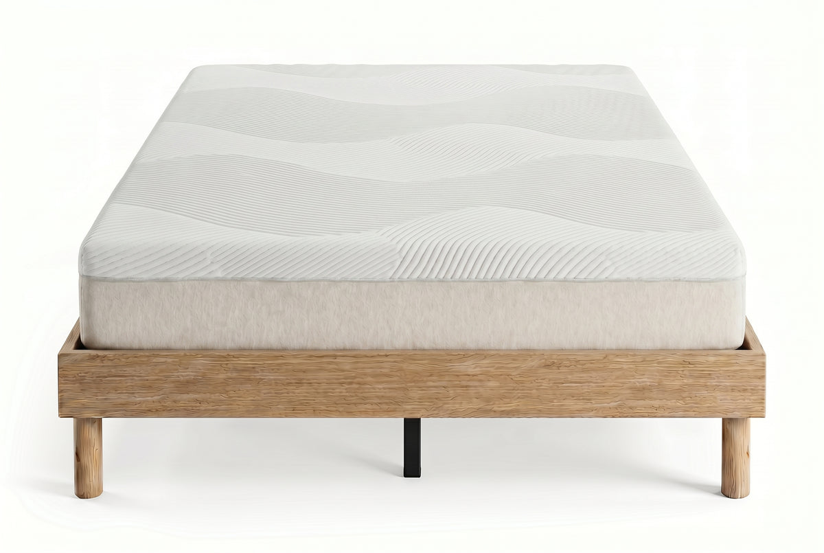 Queen platform bed frame in natural oak-look finish, bedroom styling view 4