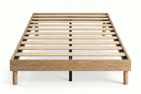 Queen platform bed frame in natural oak-look finish on a white background