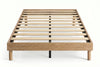 Queen platform bed frame in natural oak-look finish on a white background