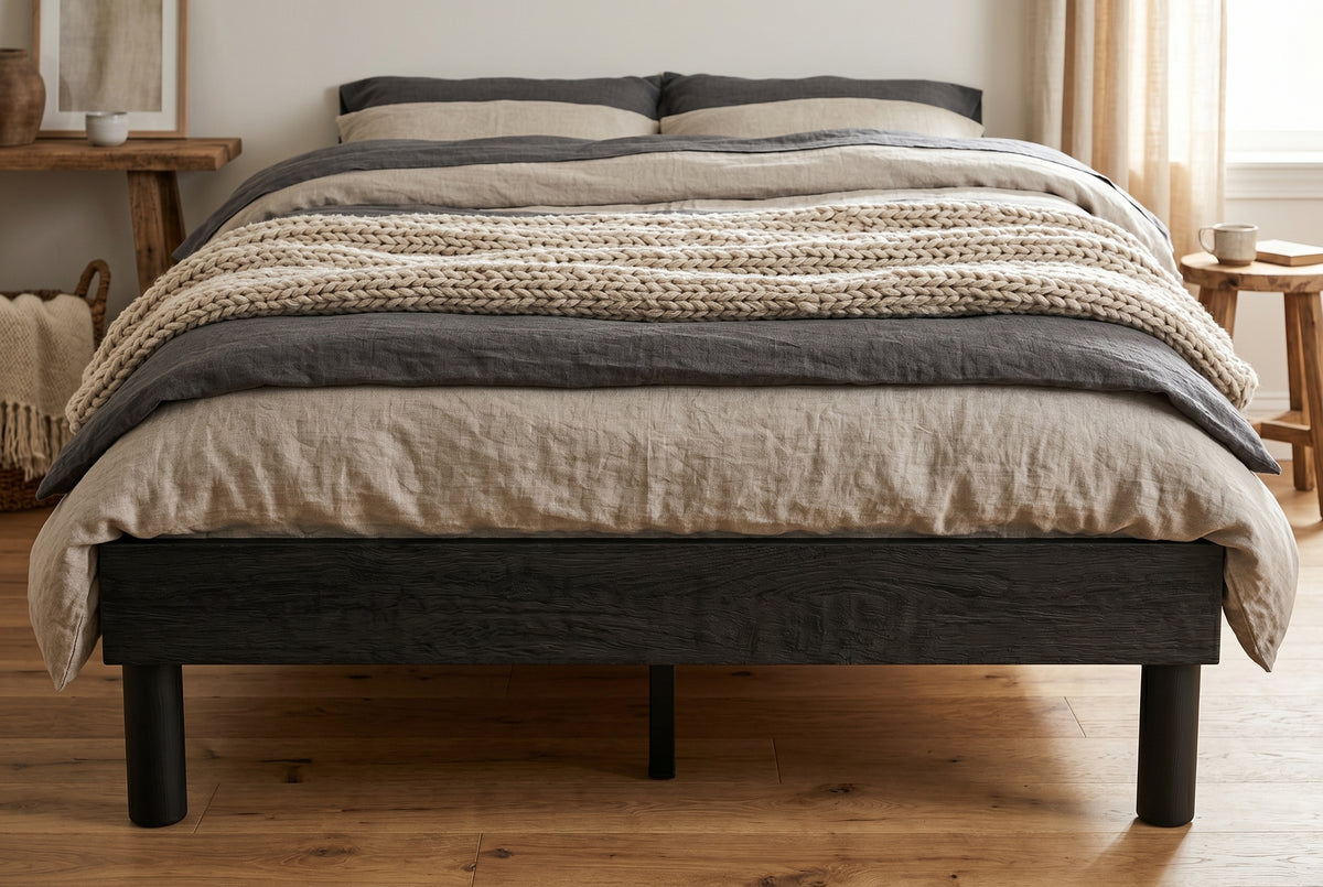 Queen platform bed frame in black wood-grain finish, bedroom styling view 2