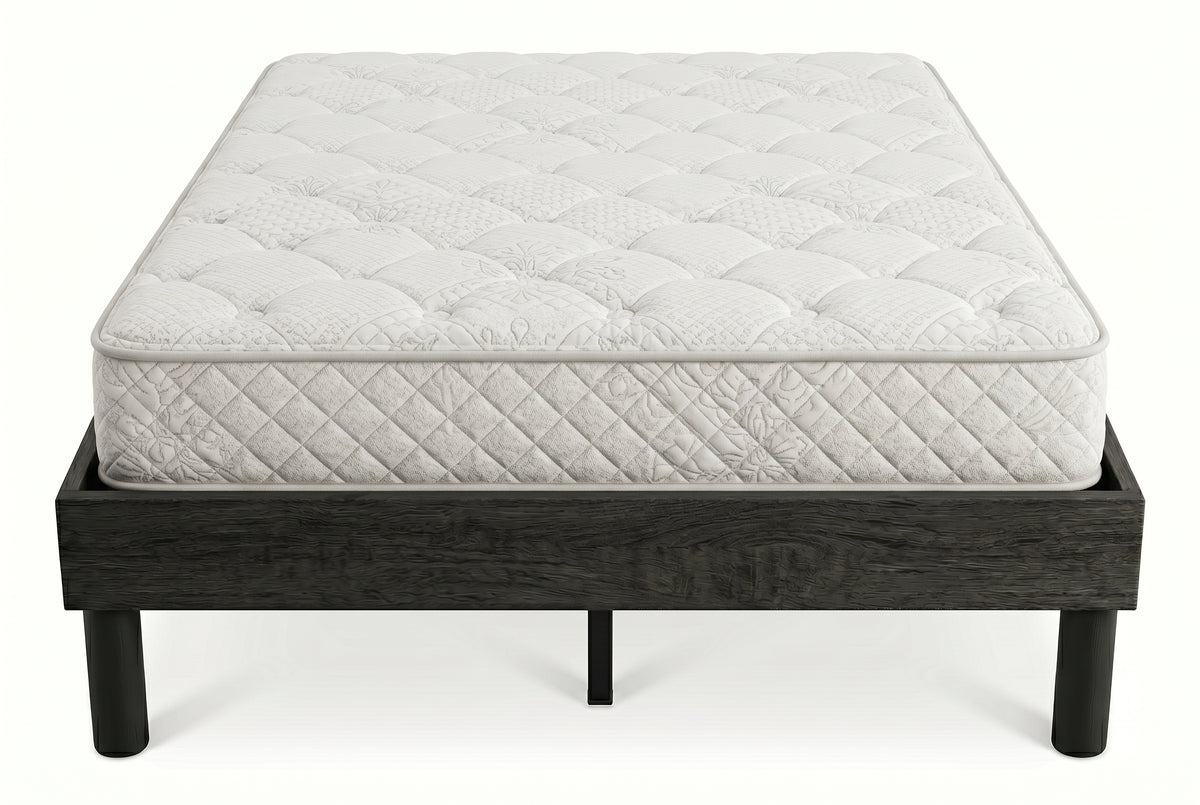 Queen platform bed frame in black wood-grain finish, bedroom styling view 4