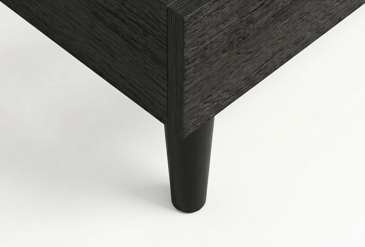 Queen platform bed frame in black wood-grain finish, bedroom styling view 6